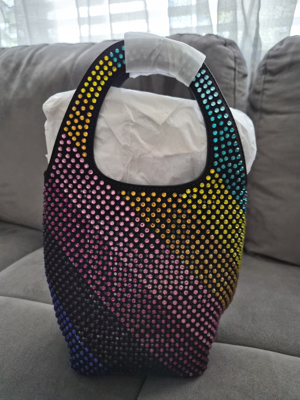 Studded Multicolor Crystal Bucket Bag Black with Pink, Yellow & Blue Accents - Picture 2 of 2